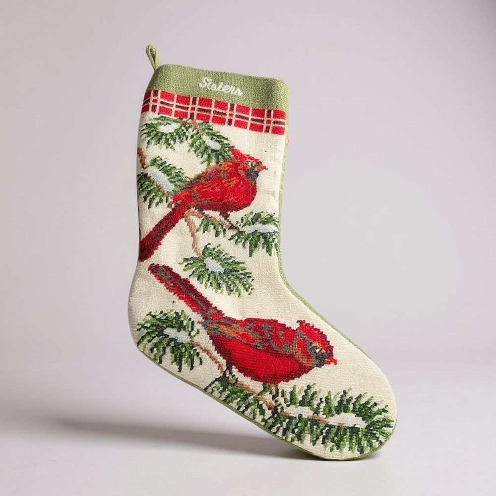Festive Cardinal Christmas Stocking Needlepoint Monogrammed Sisters